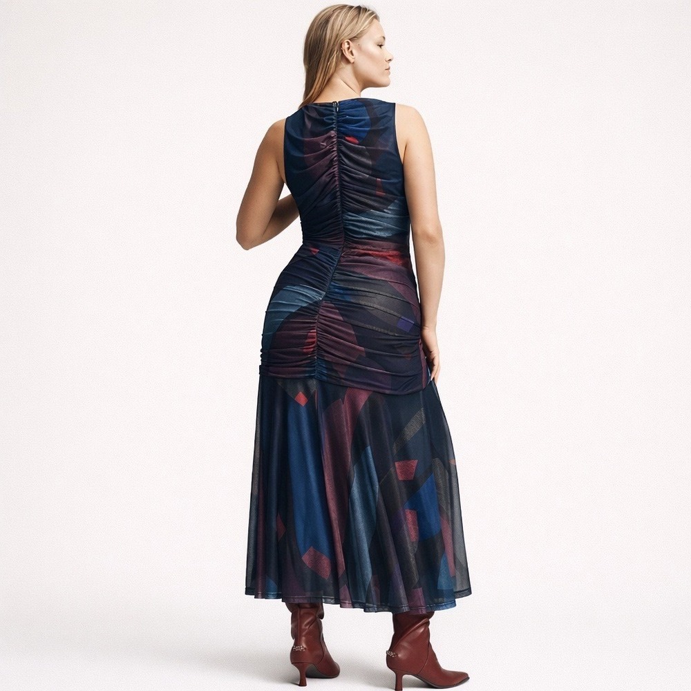 Hutch Purple Blue Abstract‎ Mesh Ruched Keyhole Maxi Dress Womens Large NWT - Picture 3 of 9